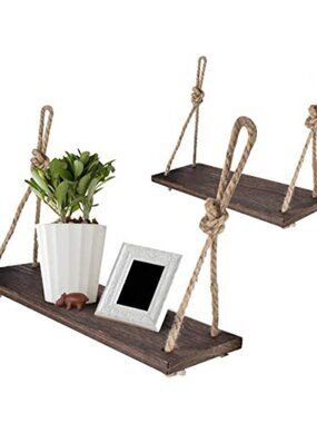 Rope Hanging Floating Shelves, Rustic Wood Wall Decor Swing Shelf